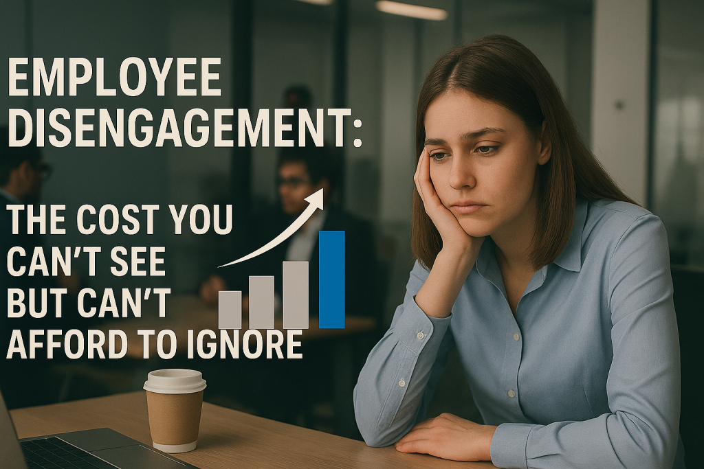Title card reading “Employee disengagement: the cost you can’t see but can’t afford to ignore”, over a photo of a woman resting her head on her hand at an office desk beside a rising bar chart